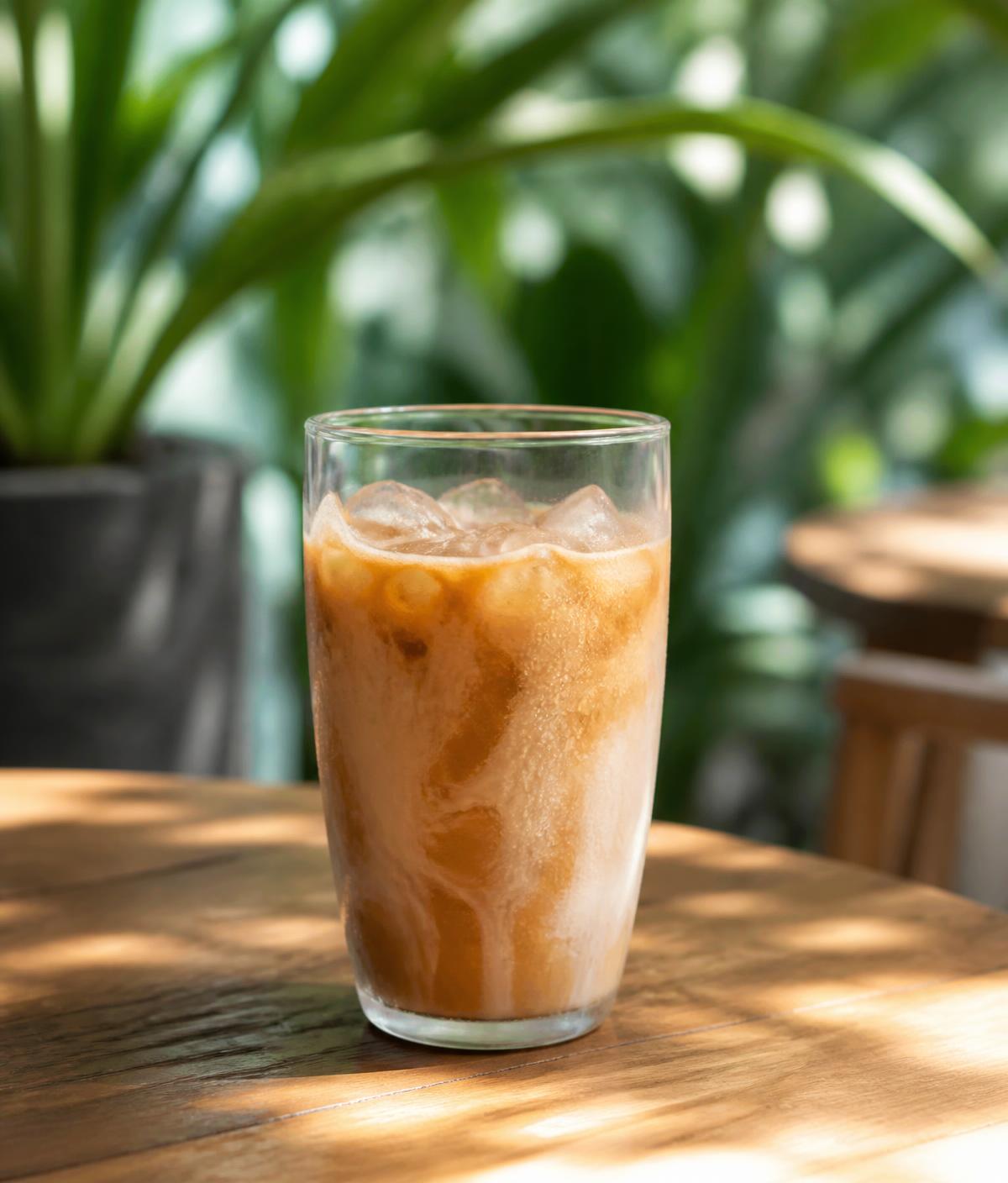 Iced coconut coffee in a glass on a wooden table with plants behind