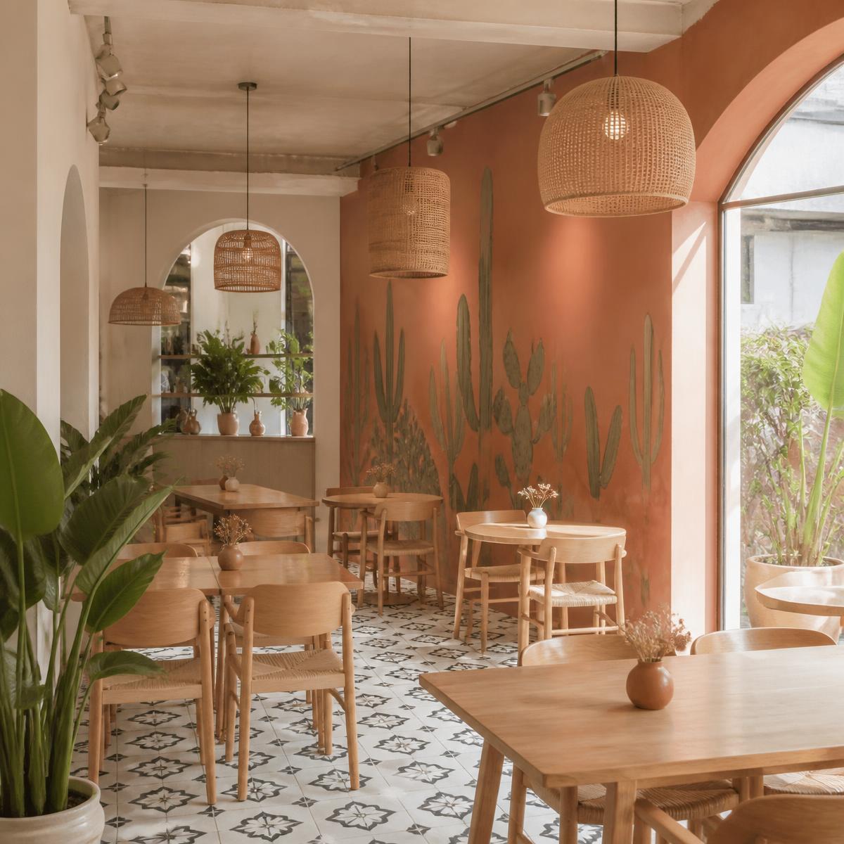 Bright cafe interior with wooden tables, rattan lamps and a terracotta wall