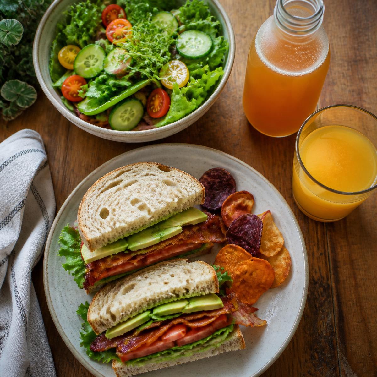 Brunch table with a B.L.T., green salad, kombucha and fresh orange juice